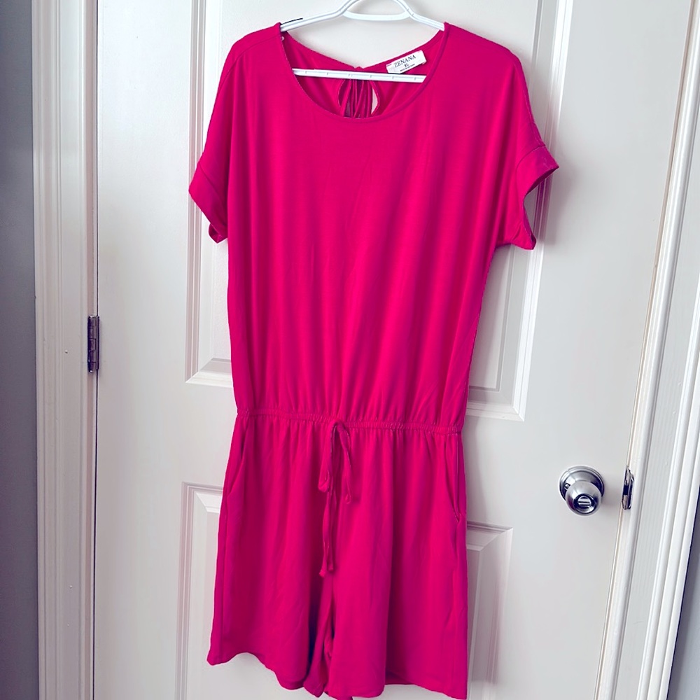 3 short rompers in black, tan and hot pink.